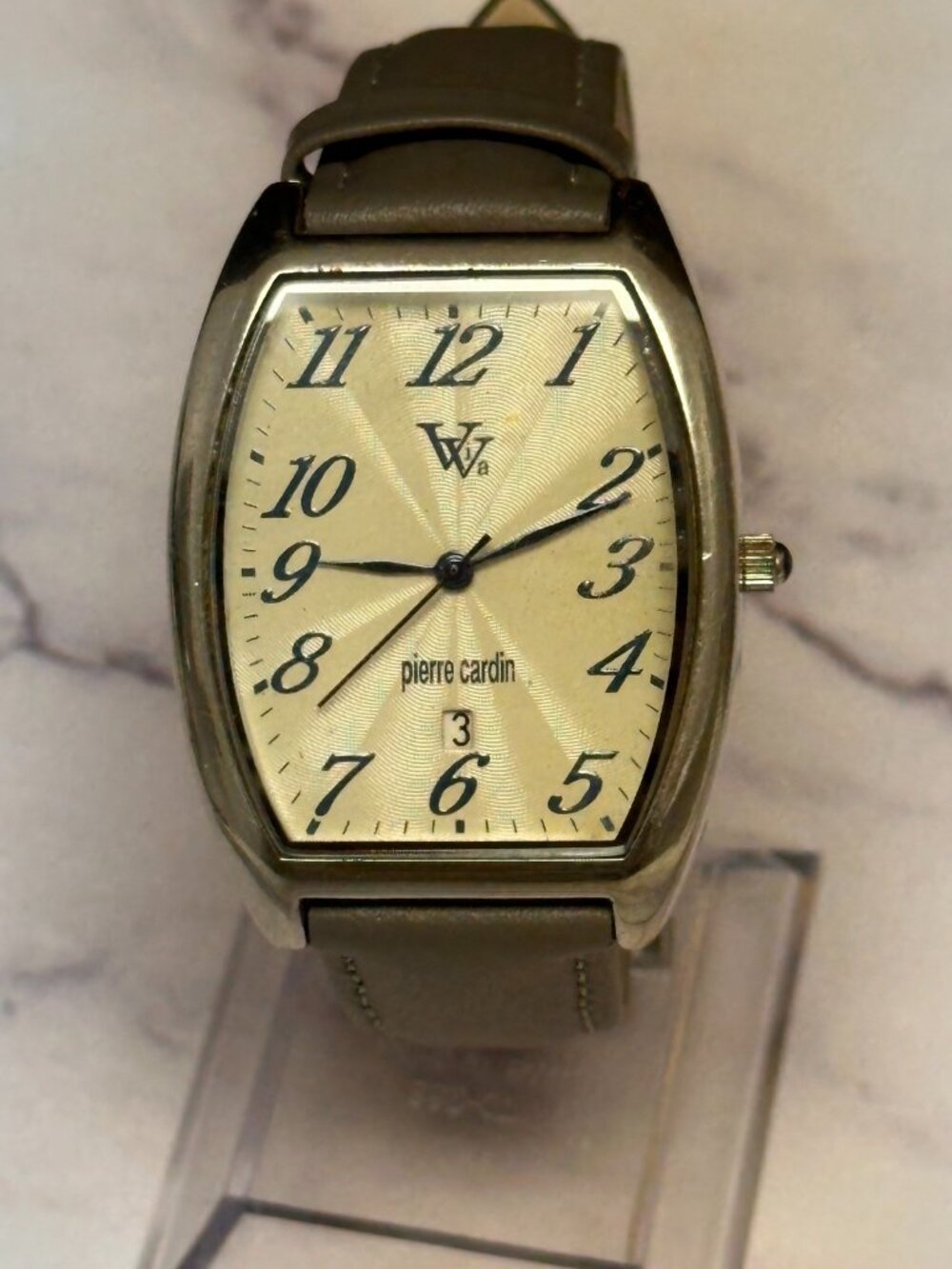 Viva by Pierre Cardin Watch Women Silver Tone Barrel Case Grey Band New Battery